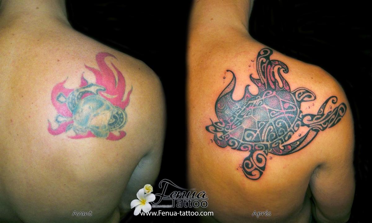 recouvrement de tatouage par du tatouage polynésien
